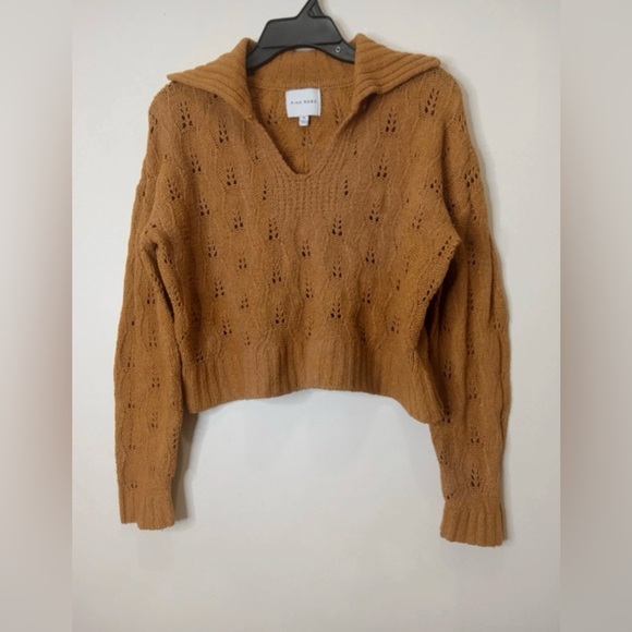 Pink Rose Camel Brown Open Knit Collared Cropped Sweater - Size M - Picture 1 of 10